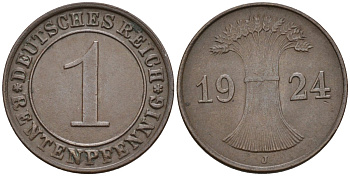 Германия 1 рентенпфенниг 1924 J KM 30, J.306, Weege 1 медь 4585-547