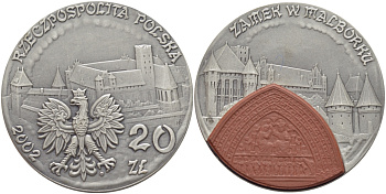 Польша 20 злотых 2002 MW, самок Мариенбург, резиденция магистров Тевтонского ордена, с вставкой из кирпичной глины KM 457 серебро UNC 1071-9-12