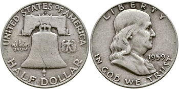 США 1/2 ДОЛЛАРА ( 50 ЦЕНТОВ ) 1959 D, ФРАНКЛИН, КОЛОКОЛ KM 199 серебро 58-621
