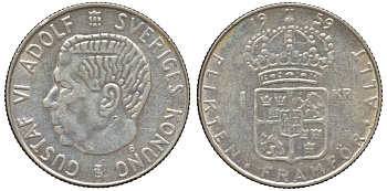 Швеция 1 крона 1959 TS, Густав VI Адольф (1950-1973) KM 826 серебро 4178-741