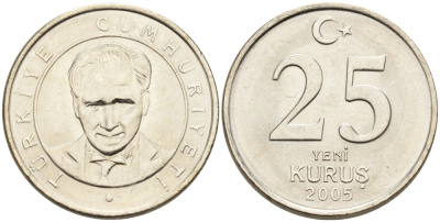 Турция 25 курушей 2005 Кемаль Ататюрк KM 1167 медь никель цинк UNC 75-723