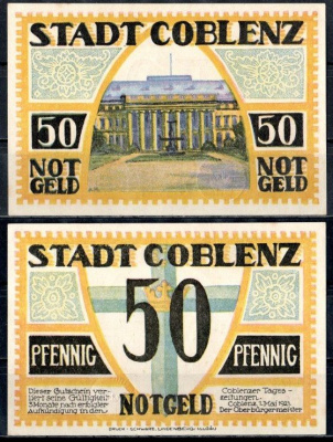 Кобленц (Пруссия, Рейн) 50 пфеннигов 1921 Mehl Grabowski 233.1-2/4 бумага UNC (пресс) 7555-56-2-1