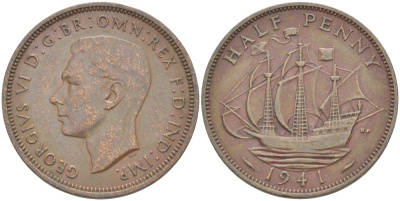 Великобритания 1/2 пенни 1941 Георг VI (1936-1952) KM 844, Spink 4115 бронза 4538-1226