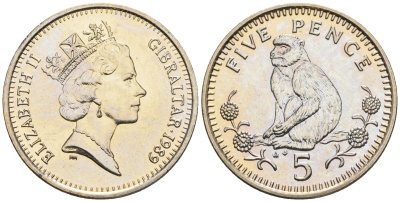 Гибралтар 5 пенсов 1989 АВ обезьяна KM 22 медно-никель UNC 87-513