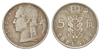 Бельгия 5 франков 1950 Belgie, Бодуэн I (1951-1993) KM 135 медно-никель 4704-1113