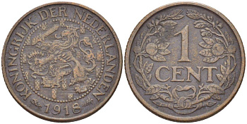 НИДЕРЛАНДЫ 1 ЦЕНТ 1918 ВИЛЬГЕЛЬМИНА I (1891-1948) KM 152 бронза 4547-914