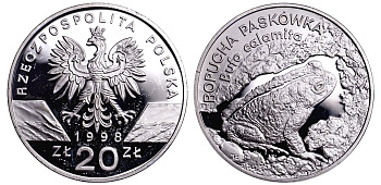 Польша 20 злотых 1998 серия сохраним наш мир, лягушка, тираж 20000 экз. KM 343, Par. 774 серебро PROOF 00-821-84