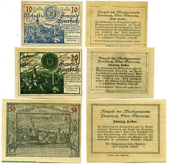 Австрия, Пойербах набор из 3 банкнот 10, 20, 50 геллеров 1920 7 апреля 1920, нотгельд, земля Верхняя Австрия   бумага  UNC (пресс) 7555-23-3-2