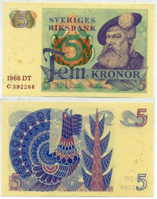 Швеция 5 крон 1966 DT, Густав I Ваза Pick 51a бумага aUNC 2192-3-3-1