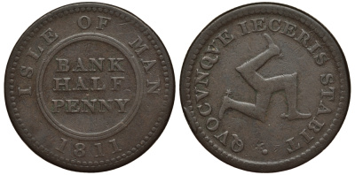 Остров Мэн 1/2 пенни 1811 банковский токен KM Tn3 медь 650-334