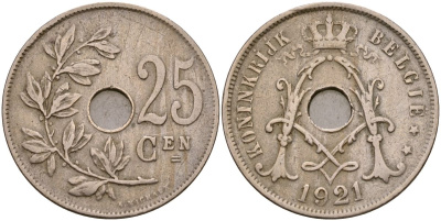 Бельгия 25 сантимов 1921 KM 69 медно-никель 4165-414
