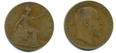 Великобритания 1 пенни 1909 Эдуард VII (1901-1910) KM 794.2, Spink 3990 бронза 47-736