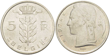 БЕЛЬГИЯ 5 ФРАНКОВ 1974 BELGIE, БОДУЭН I (1951-1993) KM 135.1 медно-никель 4364-1137