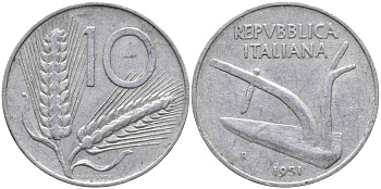 ИТАЛИЯ 10 ЛИР 1951 R, ПЛУГ KM 93 алюминий 28-846