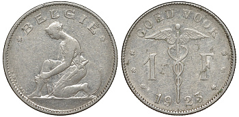 Бельгия 1 франк 1923 Belgie, Альберт I (1909-1934) KM 90 никель 51-414