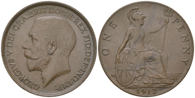 Великобритания 1 пенни 1912 Георг V (1910-1936) KM 810, Spink 4052 бронза 221-1046