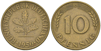 ФРГ 10 пфеннигов 1950 G KM 108, J. 383 сталь плакированная латунью 4175-336