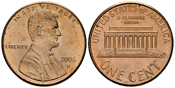 США 1 цент 2006 D KM 201b цинк плакированный медью 4136-1016