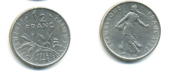 ФРАНЦИЯ 1/2 ФРАНКА 1966 СЕЯТЕЛЬ KM 931.1, LE FRANC 198.5 никель 25-817