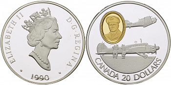 Канада 20 долларов 1990 самолеты Энсон и Гарвард, маршал Роберт Леки KM 173 серебро, позолота PROOF 1077-4-41