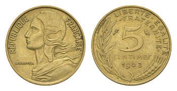 Франция 5 сантимов 1968 тип Morlon KM 933, Le Franc 125.4 алюминиевая бронза 4630-322