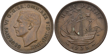 Великобритания 1/2 пенни 1938 Георг VI (1936-1952) KM 844, Spink 4115 бронза 4116-1242