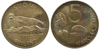 ФИНЛЯНДИЯ 5 МАРОК 1992 M, МОРЖ KM 73 медь алюминий никель UNC 3334-821
