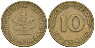 ФРГ 10 пфеннигов 1950 G KM 108, J. 383 сталь плакированная латунью 4175-336