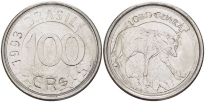 БРАЗИЛИЯ 100 КРУЗЕЙРО РЕАЛ 1993 РЕФОРМА 1993-1994, ВОЛК KM 630 нержавеющая сталь 4388-353