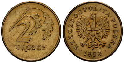 Польша 2 гроша 1992 Y 277 латунь 4164-957