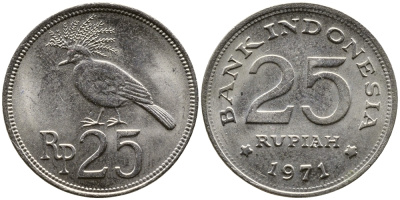 Индонезия 25 рупий 1971 венценосный голубь KM 34 медно-никель UNC 4387-652
