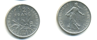 ФРАНЦИЯ 1/2 ФРАНКА 1966 СЕЯТЕЛЬ KM 931.1, LE FRANC 198.5 никель 25-817