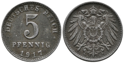 ГЕРМАНИЯ 5 ПФЕННИГОВ 1917 A KM 19, J. 297 железо 39-251