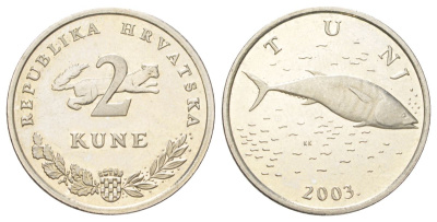 Хорватия 2 куна 2003 тунец, легенда на хорватском KM 10 медь цинк никель UNC 4624-454