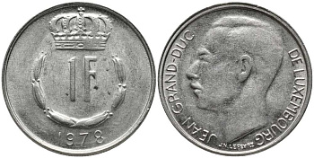 ЛЮКСЕМБУРГ 1 ФРАНК 1978 ВЕЛИКИЙ ГЕРЦОГ ЖАН (1964-2000) KM 55 медно-никель 113-537