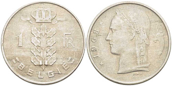 БЕЛЬГИЯ 1 ФРАНК 1968 BELGIE, БОДУЭН I (1951-1993) KM 143.1 медно-никель 213-337