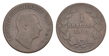 Баден 1 крейцер 1852 Леопольд (1830-1852) KM 218 медь 4639-634