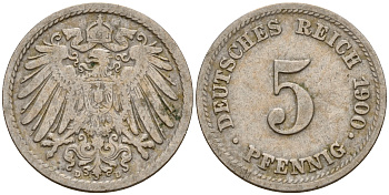 Германия 5 пфеннигов 1900 D J.12, KM 11 медно-никель    4598-1127