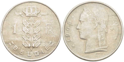 БЕЛЬГИЯ 1 ФРАНК 1968 BELGIE, БОДУЭН I (1951-1993) KM 143.1 медно-никель 213-337