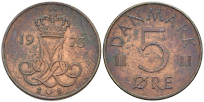 Дания 5 эре 1973 S; B, Маргрете II (1972- ) KM 859.1 железо плакированное медью    4596-317