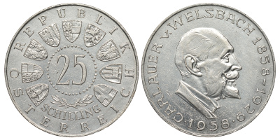 Австрия 25 шиллингов 1958 100 лет со дня рождения Карла Вельсбаха KM 2884 серебро aUNC 413-6721