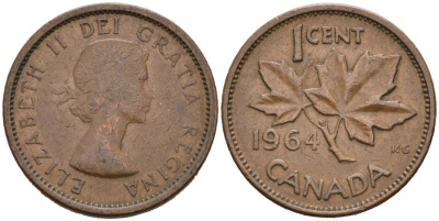Канада 1 цент 1964 Елизавета II (1952-2022), кленовый лист KM 49 бронза 4564-848