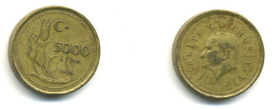 Турция 5000 лир 1996 Мустафа Кемаль Ататюрк KM 1029.1 латунь 176-1044