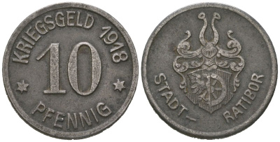 Ратибор (Силезия) 10 пфеннингов 1918 Funck 438.2, Men05 21145.2, Men18 26408.2 железо 4164-219