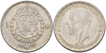 Швеция 1 крона 1945 G, Густав V (1907-1950) KM 814 серебро 4148-1023