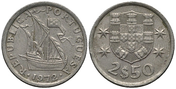Португалия 2,5 эскудо 1972 парусник KM 590 медно-никель 4576-1265