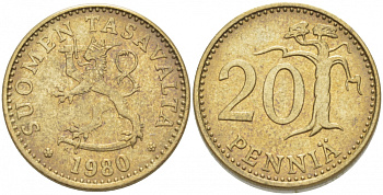 ФИНЛЯНДИЯ 20 ПЕННИ 1980 K KM 47 алюминиевая бронза 3718-645