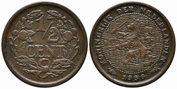 НИДЕРЛАНДЫ 1/2 ЦЕНТА 1936 ВИЛЬГЕЛЬМИНА (1890-1948) KM 138 бронза 112-427