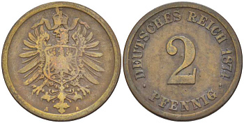 ГЕРМАНИЯ 2 ПФЕННИГА 1874 A, СТАРОГЕРБОВКА KM 2, J. 2, Weege 3 медь 212-437