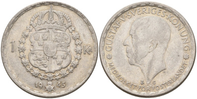 Швеция 1 крона 1945 G, Густав V (1907-1950) KM 814 серебро 4148-1023